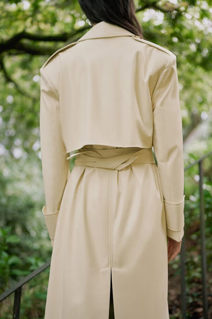 Summer Women Clothing Elegant Slightly Mature Faux Leather Belt Windbreaker Coat