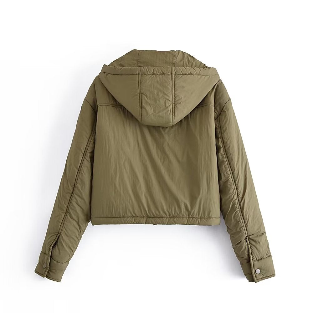 Fall Women Clothing Street Casual Simple Thin Army Green Hooded Cotton Coat