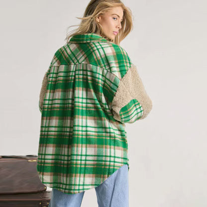 Popular Contrast Color Check Jacket Autumn Winter Thickening Plaid Stitching Lamb Wool Coat