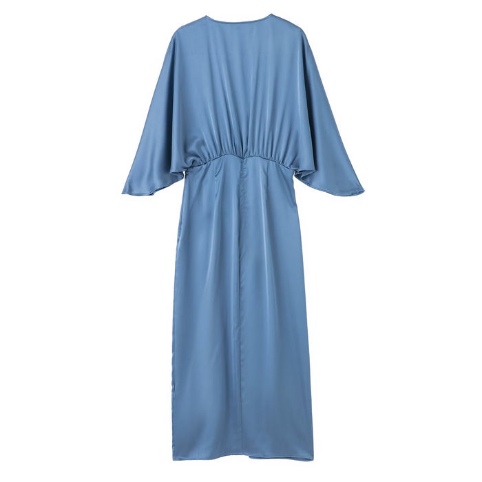 Women Clothing V neck Pleated Waist Tight Silk Satin Texture Long Sleeve Midi Dress