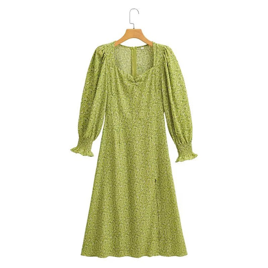Early Autumn French Retro Elegance Bubble Sleeve Printed Floral Long Sleeve Dress