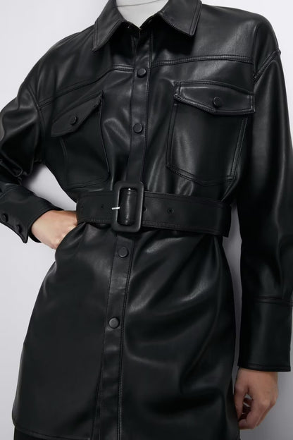Fall Street Casual with Belt Faux Leather Jacket Coat
