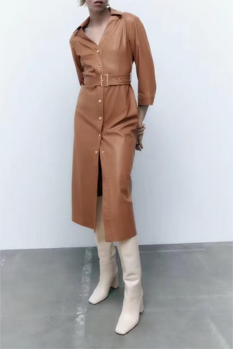 Fall Light Luxury Faux Leather Midi  Dress Elegant Women Dress Polo Collar
