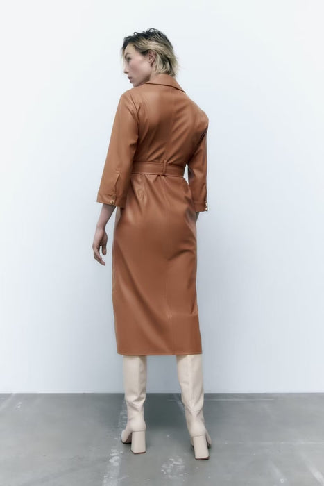 Fall Light Luxury Faux Leather Midi  Dress Elegant Women Dress Polo Collar