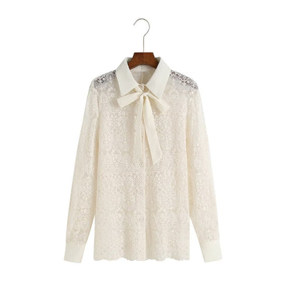 Spring Autumn French Lace Pearl Bow Shirt Pullover Regular V neck Lace up Top for Women