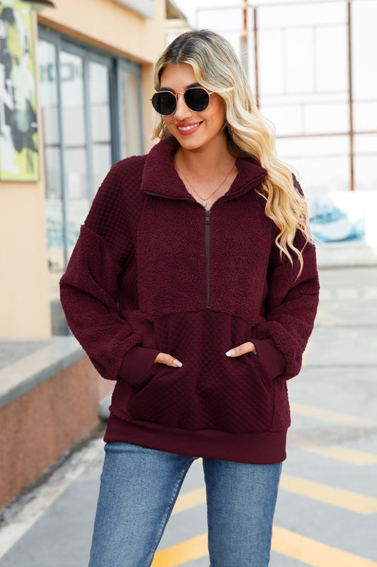 Autumn Women round Neck Long Sleeve Pullover Zipper Mid Length Solid Color Plush Patchwork