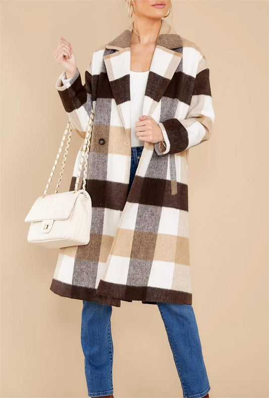 Autumn Women Clothing Wool Mid Length Plaid Coat