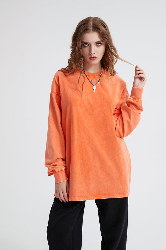 Wax Dye Long Sleeved T  Autumn Winter Solid Color Washed Sweatshirt