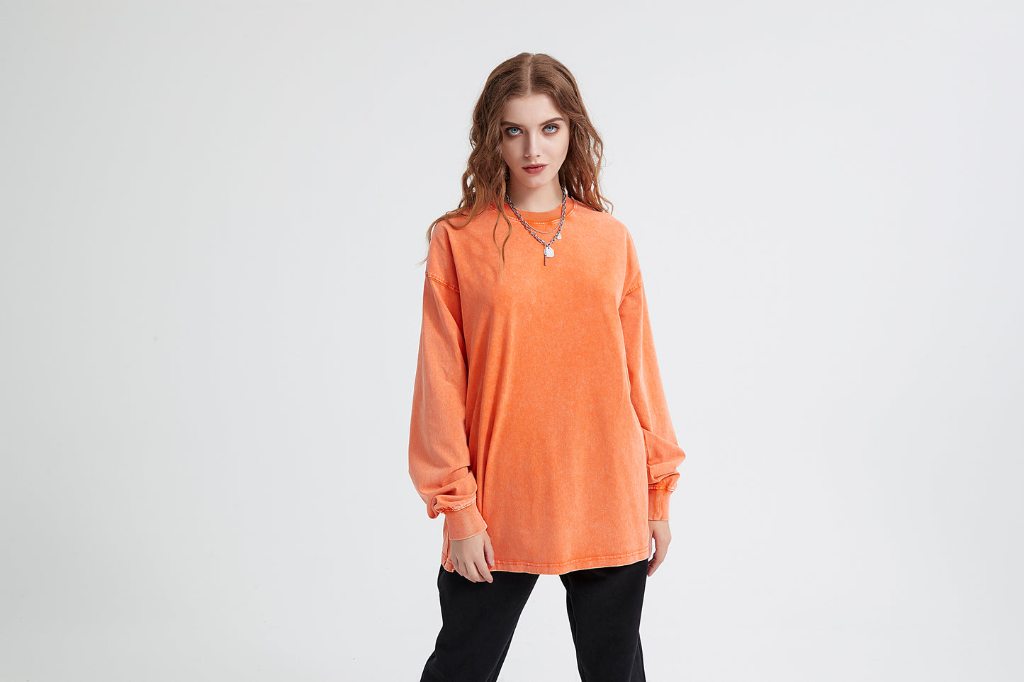 Wax Dye Long Sleeved T  Autumn Winter Solid Color Washed Sweatshirt