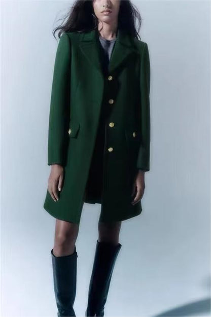 Autumn Women Dark Green Woolen Coat