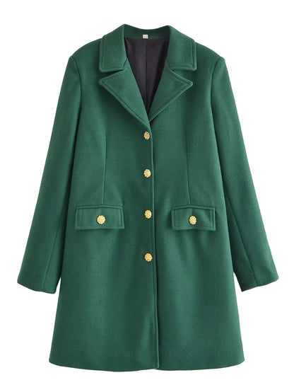 Autumn Women Dark Green Woolen Coat