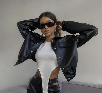 Summer Women Clothing Sexy Personal Casual Collared Faux Leather Leather Coat