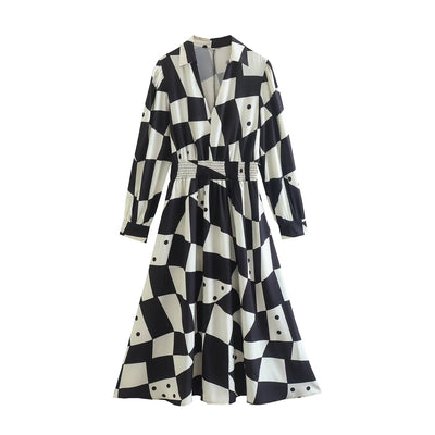 Autumn Elegant Chessboard Plaid Belt Single Breasted Shirt Dress for Women
