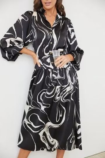 Spring Fall Women  Wear Line Abstract Black Dress