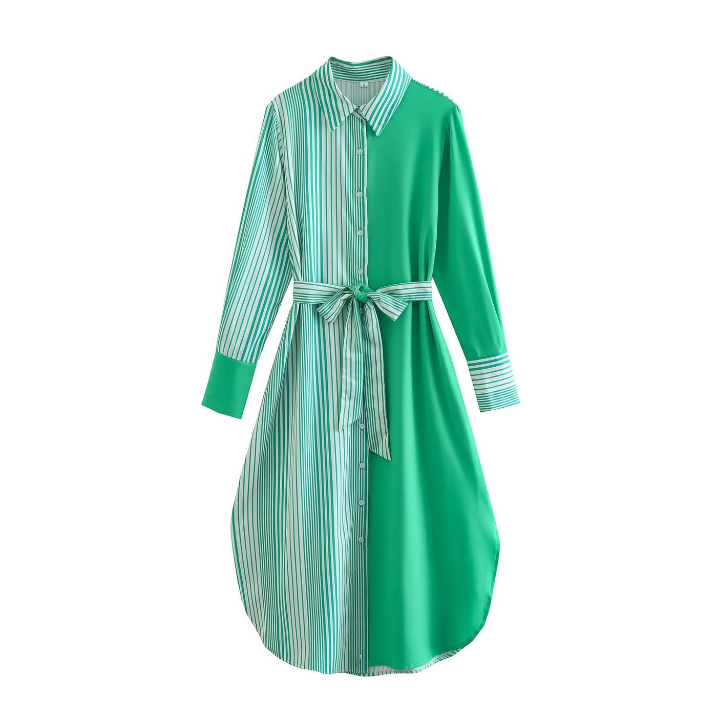 Early Autumn Gentle Elegant Collared Long Sleeve Shirt Striped Lace up Dress for Women