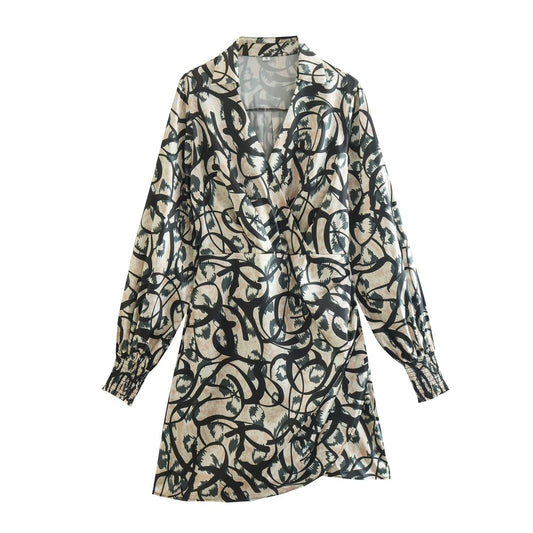 Women Spring Fall Leopard Print V Neck Long Sleeve Dress