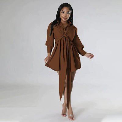 Autumn Solid Color Lace up Collared Single Breasted Long Sleeved Women Casual Dress