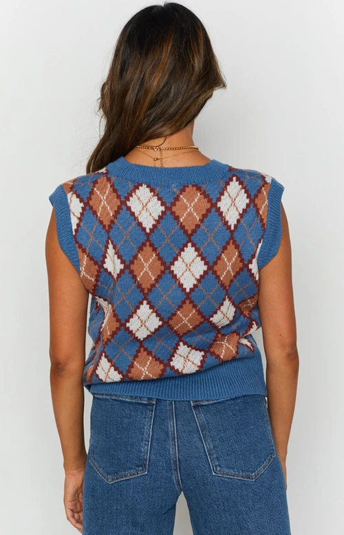 Rhombus Vest for Women Autumn V Neck Sleeveless Slim Pullover High Waist Sweater Vest