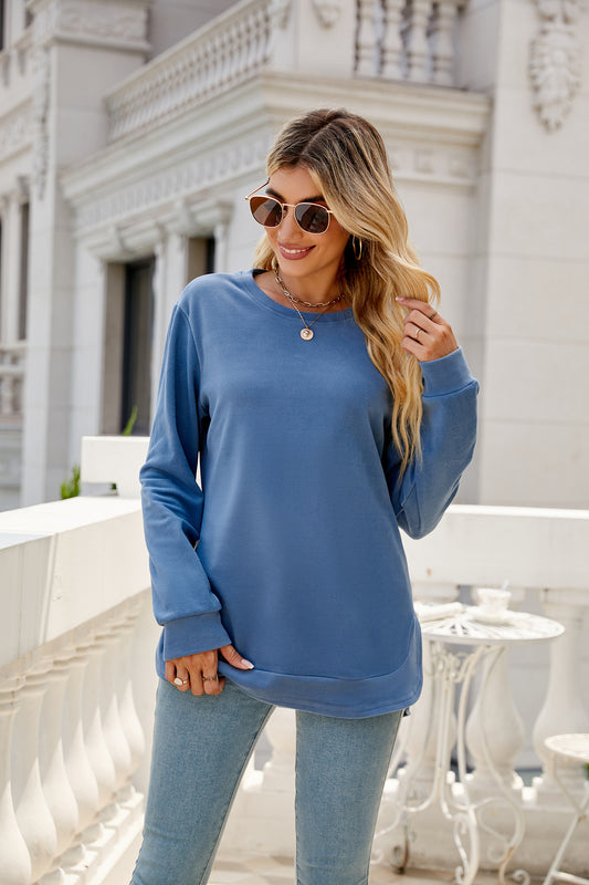 Women Clothing Autumn Winter Round Neck Irregular Asymmetric Hem Long Sleeve T  Loose Casual Top Sweatshirt