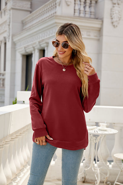 Women Clothing Autumn Winter Round Neck Irregular Asymmetric Hem Long Sleeve T  Loose Casual Top Sweatshirt