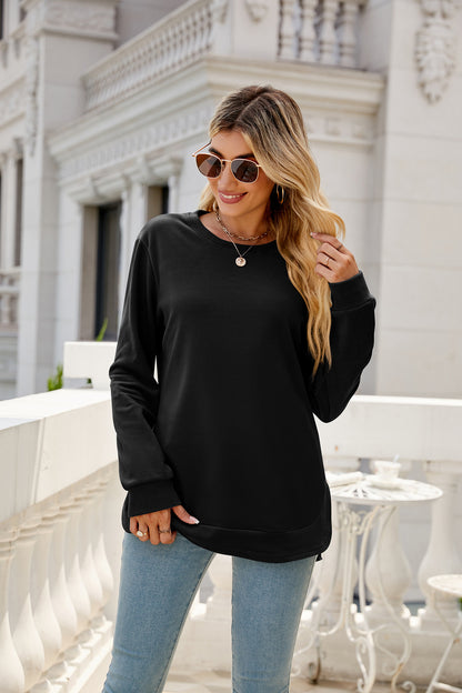 Women Clothing Autumn Winter Round Neck Irregular Asymmetric Hem Long Sleeve T  Loose Casual Top Sweatshirt