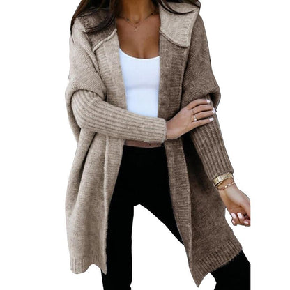 Color Stitching Knitted Cardigan Women Fall Winter Women Mid Length Hooded Knitted Coat Women