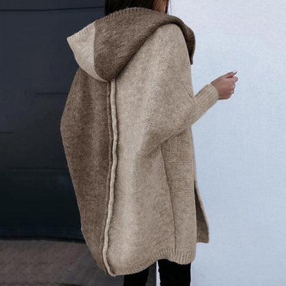 Color Stitching Knitted Cardigan Women Fall Winter Women Mid Length Hooded Knitted Coat Women