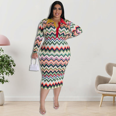 Plus Size Women Clothes Long Sleeve Collar Printed Open Tube Dress Source