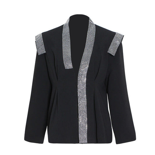 Spring Simple Show Stitching Heavy Embroidery Drilling Padded Shoulder Long Sleeve Small Blazer For Women