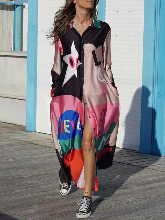 New Fashion Long Sleeve Printed Shirt Long Dress Positioning Flower