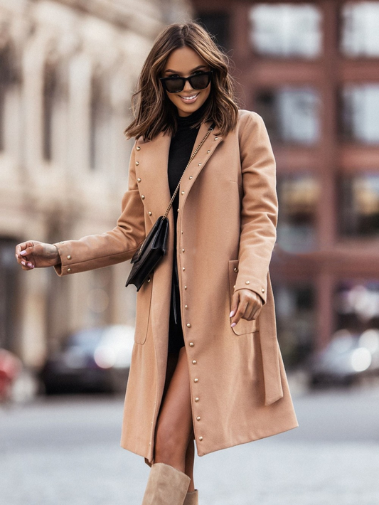 Autumn And Winter Simple Double Row Button Rivet Long Sleeve Collared Button Woolen Coat Women