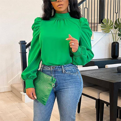 Women Clothing Four Seasons Solid Color Long Stand up Collar Puff Sleeve Back Lace up Top