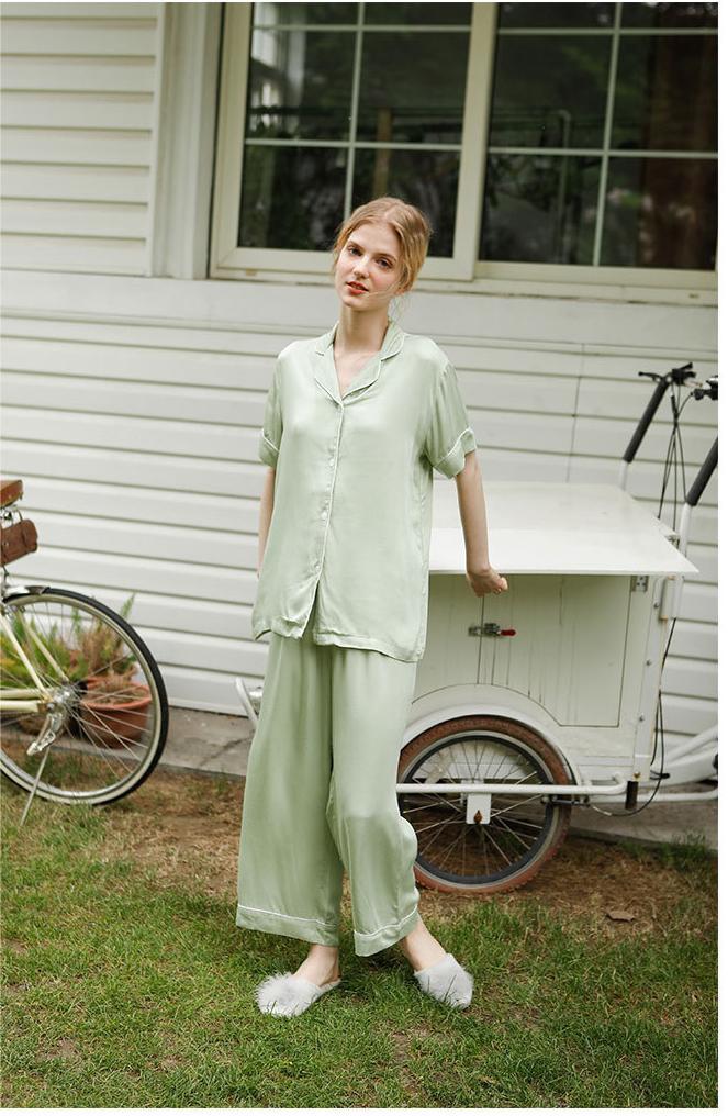 Pajamas Women Spring Summer Rayon Long Sleeve two piece set Solid Color Cardigan Simple Sweet Set