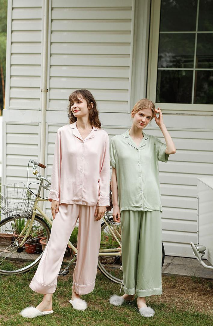 Pajamas Women Spring Summer Rayon Long Sleeve two piece set Solid Color Cardigan Simple Sweet Set