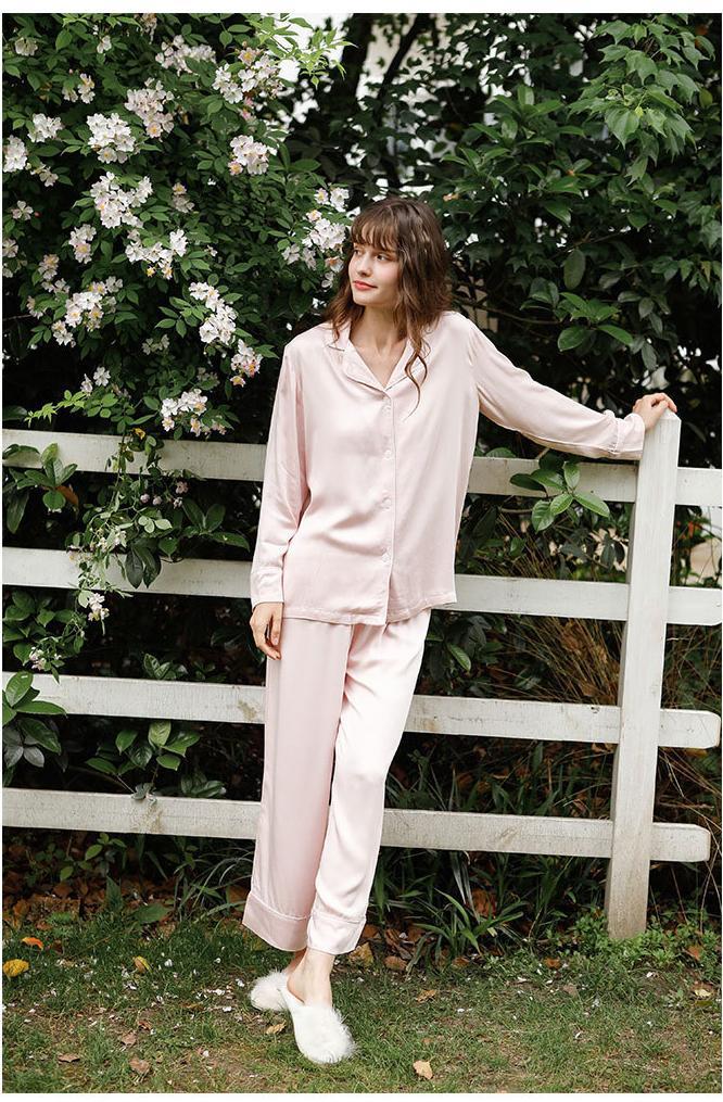 Pajamas Women Spring Summer Rayon Long Sleeve two piece set Solid Color Cardigan Simple Sweet Set