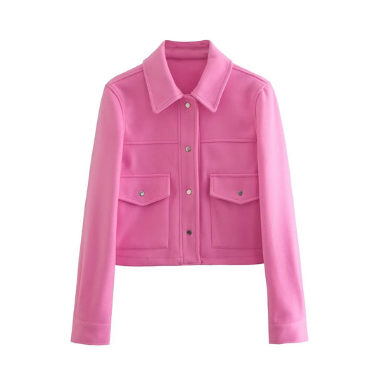 Autumn Winter Three Colors Soft Woolen Short Lapels Pocket Jacket Coat