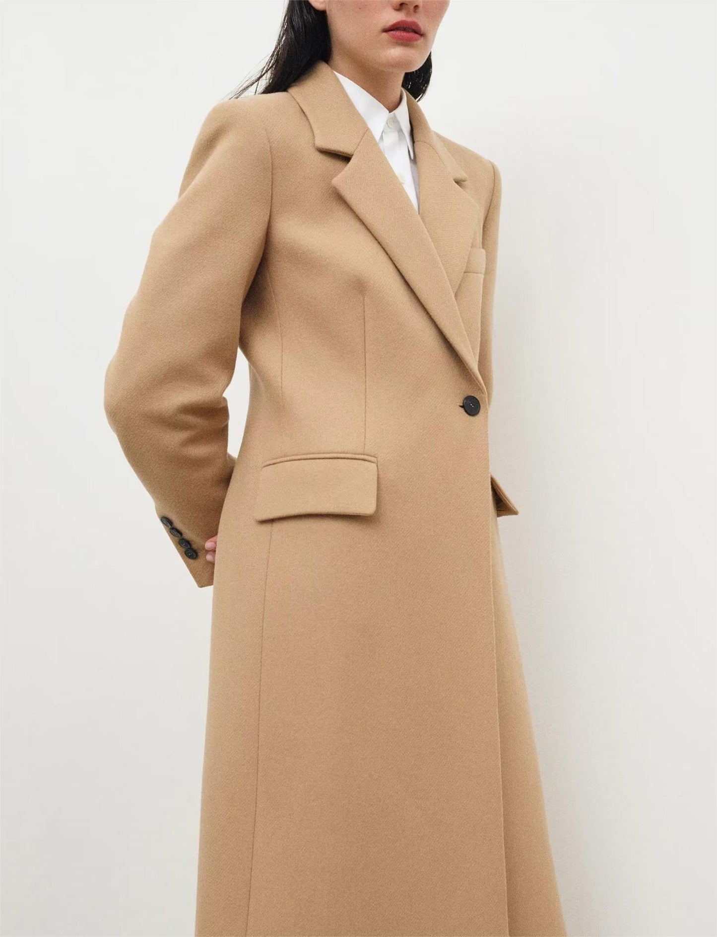 Early Winter Women Clothing Collar Solid Color One Button Mid Length Coat