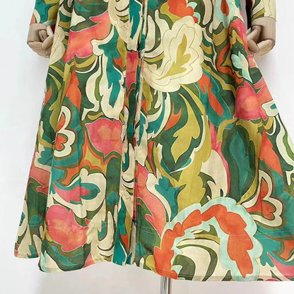 Women Spring Fall Elegant Office Collared Printed Daily A Line Shirt Dress Midi Dress