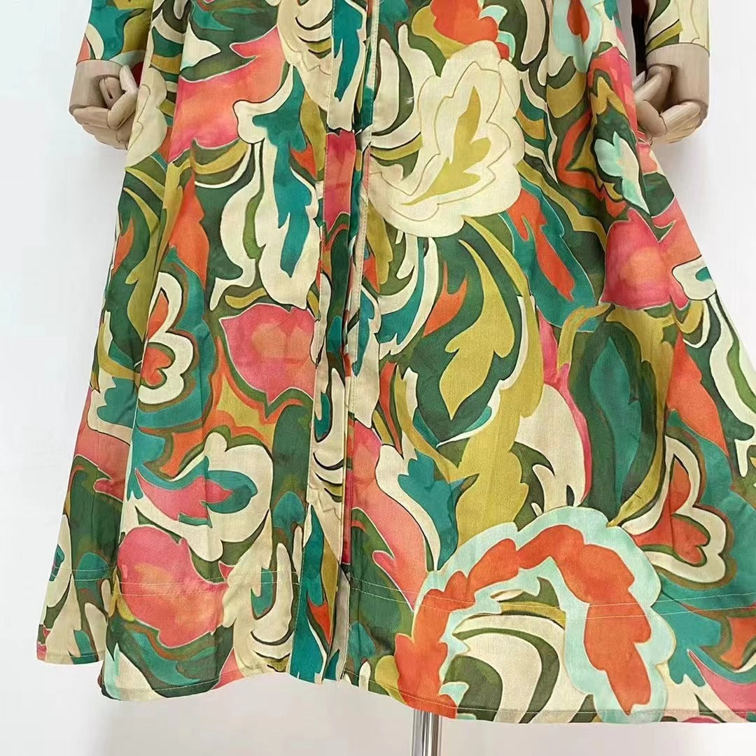 Women Spring Fall Elegant Office Collared Printed Daily A Line Shirt Dress Midi Dress