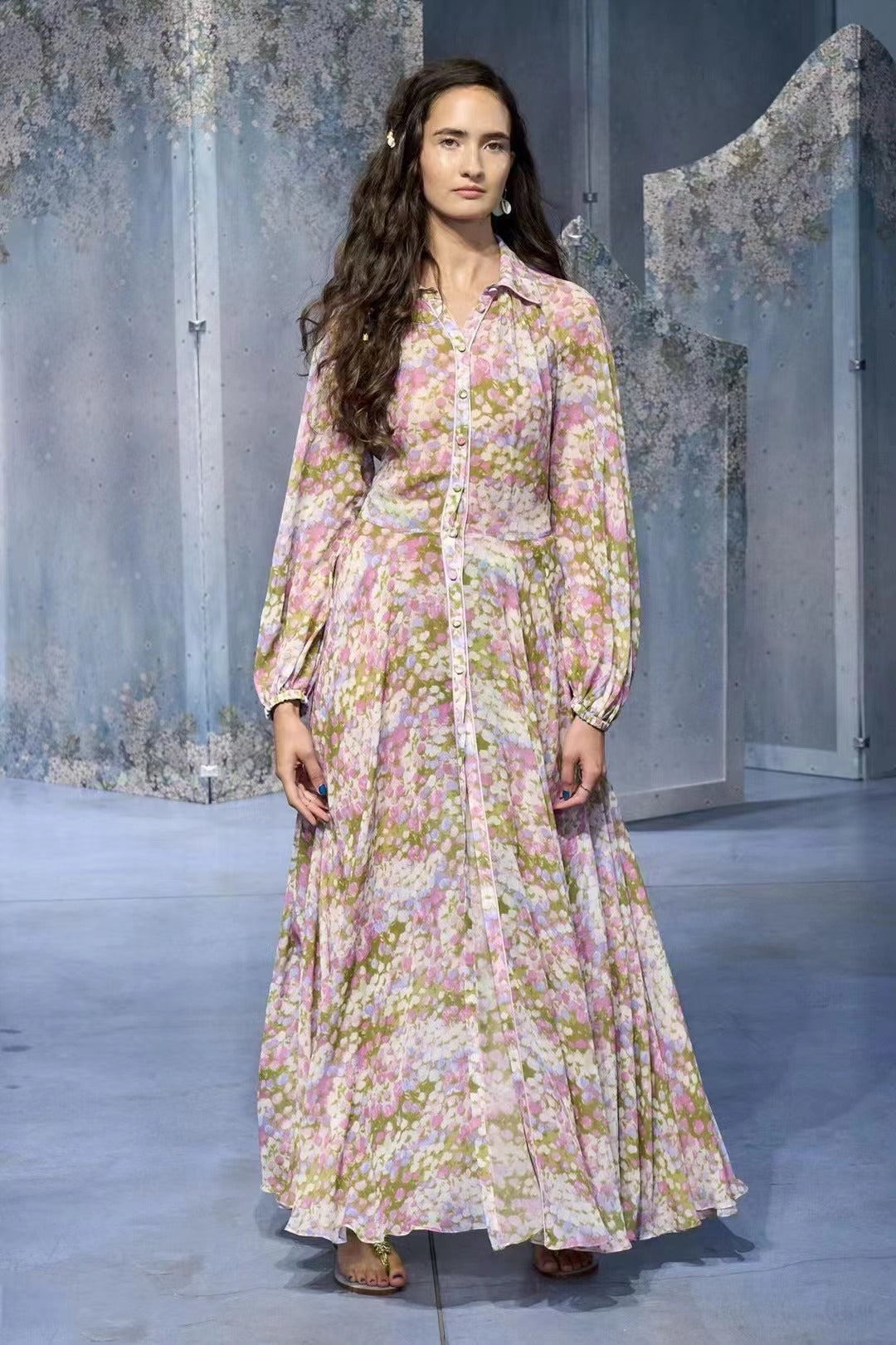 Women Spring Fall Collared Printed Long Sleeve Bohomian Elegant A Line Dress Shirt Dress Maxi Dress
