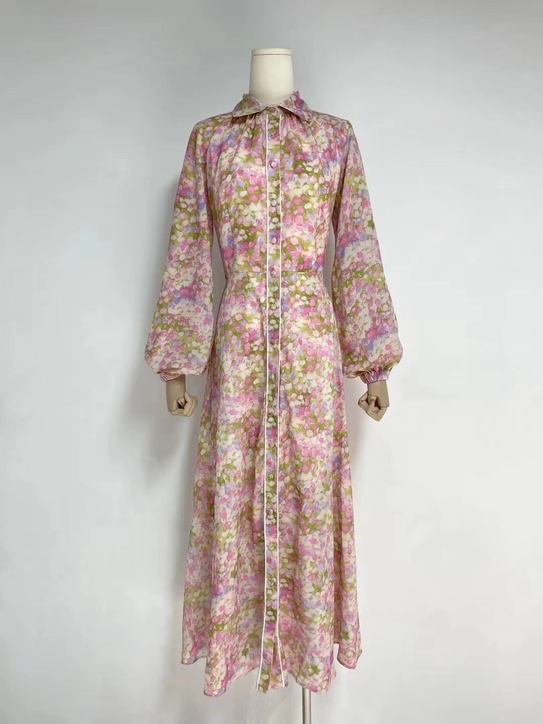 Women Spring Fall Collared Printed Long Sleeve Bohomian Elegant A Line Dress Shirt Dress Maxi Dress
