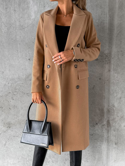 Autumn Winter Women Clothing Long Sleeve Polo Collar Solid Color Double Breasted Slim Fit Coat Overcoat