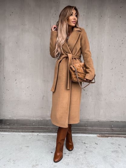 Autumn Winter Women Clothing Solid Color Polo Collar Long Sleeved Woolen Coat Simple Lace up Trench Coat