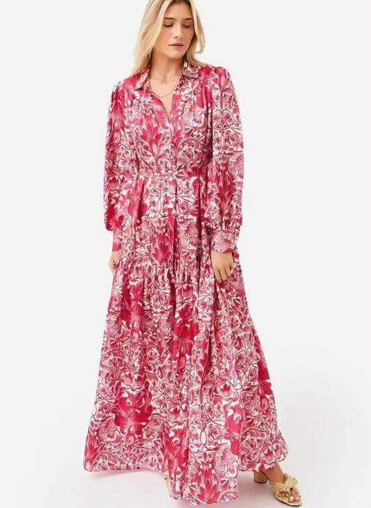 Women Spring Fall Daily Printed Elegant Collared A Line Shirt Maxi Dress