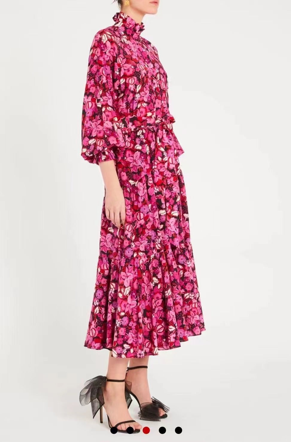 Women Spring Summer Fall Stand Collar Printed Elegant Ruffle Beletd Tiered  Maxi Dress