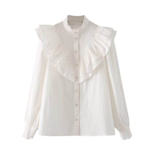 Autumn Women White Long Sleeve Laminated Decoration Poplin Shirt