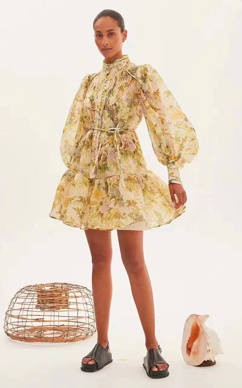 Women Spring Fall Vacation Floral Belted Lantern Sleeve Stand Collar  Elegant Shirt Dress  Short Dress