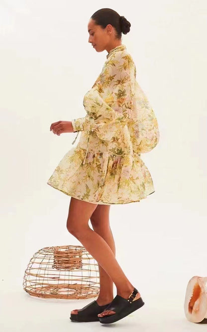 Women Spring Fall Vacation Floral Belted Lantern Sleeve Stand Collar  Elegant Shirt Dress  Short Dress