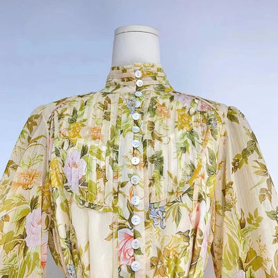 Women Spring Fall Vacation Floral Belted Lantern Sleeve Stand Collar  Elegant Shirt Dress  Short Dress
