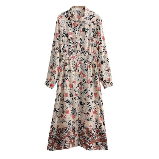 Autumn Women  Long Sleeved Floral Dress Retro Mid Length Shirt Dress